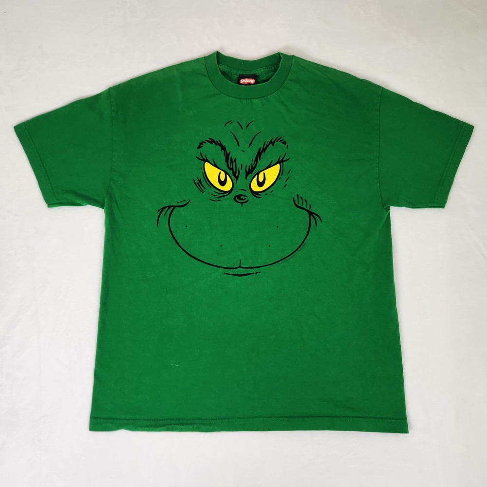 Vintage 2001 Dr Seuss The Grinch Face Graphic T-Shirt Green Mens XL